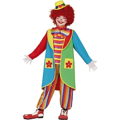 Afbeelding van Guirca Clown &amp; Nar Kostuum Vrolijke Gestreepte Grappenmaker Kind Multicolor 5 6 jaar Carnavalskleding Verkleedkleding
