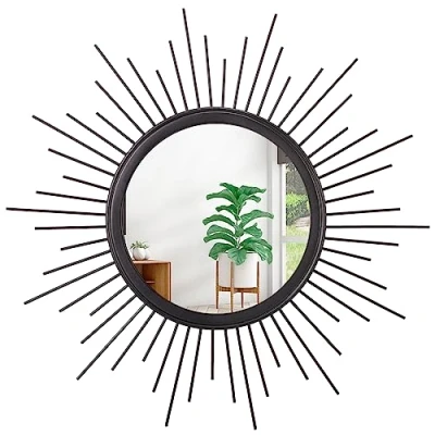 Afbeelding van HLFMVWE Sunburst Wandspiegel Zwart Kleine Spoked Wanddecoratie Spiegel Bohemian Home Ronde Moderne Metalen Muurkunst voor Woonkamer Hal Slaapkamer Badkamer Balkon Farmhouse Entrance