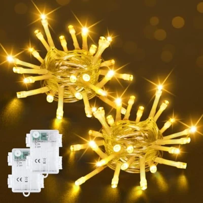Afbeelding van Bowfar Lichtsnoer voor buiten, 2 m, 20 leds, warmwit, met 6 uur timer, IP65 waterdicht, binnen, slaapkamer, feest, Kerstmis en transparante kabel