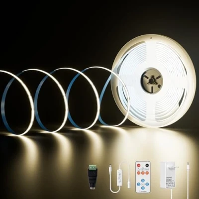 Afbeelding van PAUTIX COB led stripset, 4000 K, natuurlijk wit, 10 m, dimbaar, 24 V, 2400 leds, CRI93, ledstrip met timerfunctie, afstandsbediening RF en GS voeding voor lichtdecoratie