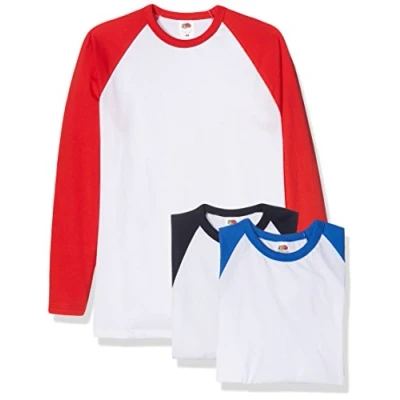 Afbeelding van Fruit of the Loom Set van 3 klassieke honkbal T shirts met lange mouwen voor heren, wit, marineblauw, rood, koningsblauw, L, Veelkleurig (Marineblauw Wit/Wit Rood) Koningsblauw