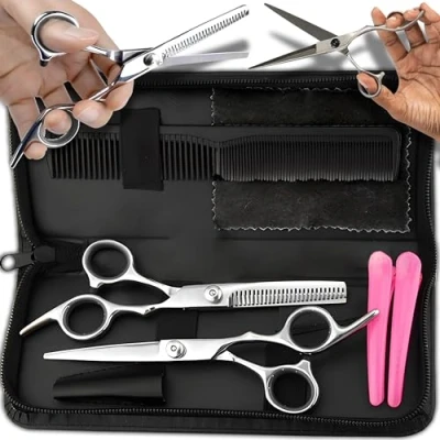 Afbeelding van Retoo Silver set 6 inch scherpe roestvrijstalen knipschaar met kam, kapperspelden, leren etui, 2 stuks Afslankschaar en dunschaar,