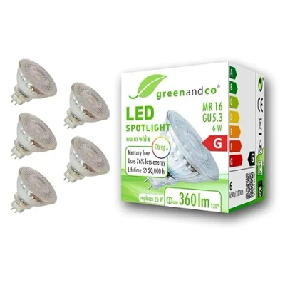 Afbeelding van 5 x greenandco® IRC 90+ 3000K 110 GU5.3 MR16 6W komt overeen met 25 W, 360 lm, warmwit, SMD LED, 12 V AC/DC, glas, niet dimbaar