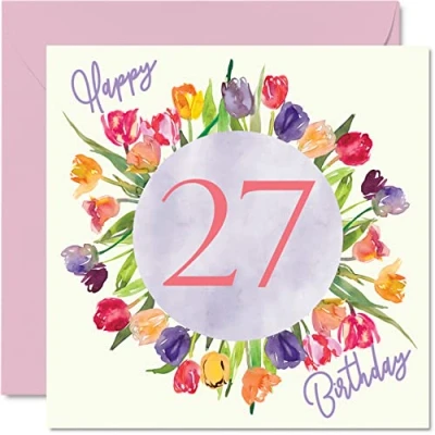 Afbeelding van mooie wenskaart voor de 27e verjaardag vrouwen aquareltulpen verjaardagskaart dochter, tante, zus, vriendin, 145 mm x bloemen