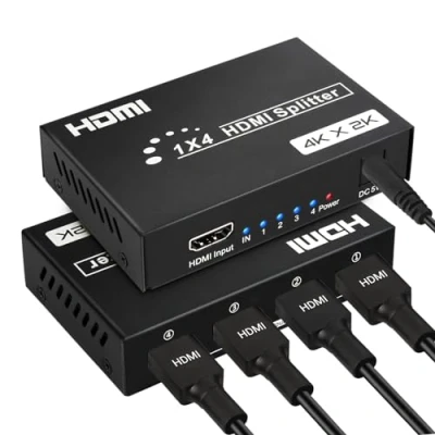 Afbeelding van HDMI splitter 1 ingang, 4 uitgangen, verdeler HDCP 4K 3D, x met netadapter, compatibel XBox/HDTV/PS3/PS4