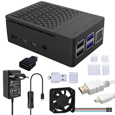 Afbeelding van GeeekPi Raspberry Pi 4 behuizing met ventilator, 5 V 3,6 A USB C voeding, x radiator, 1,2 m Micro HDMI kabel, adapter, speler voor RPi model B (RPi Borad niet inbegrepen)