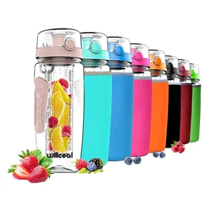 Afbeelding van willceal Waterfles met fruitinzetstuk, 0,95 l, van Tritan, BPA vrij, klapdeksel, lekvrij, geschikt voor sport en camping, roségoud