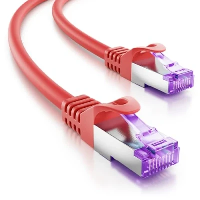 Afbeelding van deleyCON 10 m RJ45 aansluitkabel ethernetkabel netwerkkabel met ruwe kabel CAT7 S FTP PiMF afscherming Gigabit LAN SFTP koper DSL Switch Router Patchpaneel rood