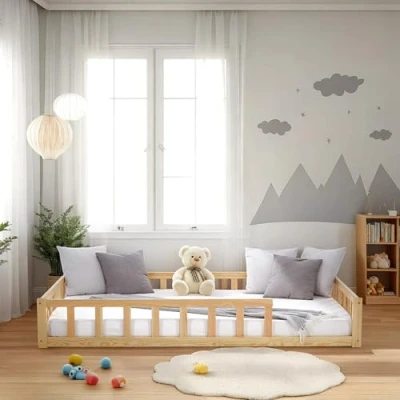Afbeelding van Homestyle4u 2839 Lit de sol, 120 x 200 cm, Montessori en bois, naturel, pour enfant, avec protection anti chute, sommier à lattes