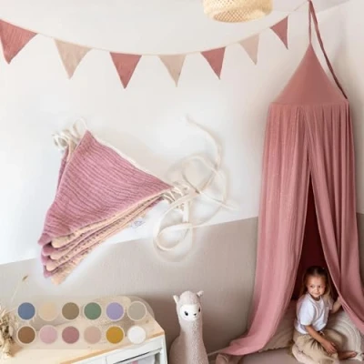 Afbeelding van lilimaus vlaggetjesslinger van stof [roze en beige] voor kinderkamer 100% handgemaakt katoen chiffon wimpelslinger beddecoratie thuis