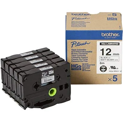 Afbeelding van Brother HGe M931V5 Labeltape Set van 5 stuks Tapekleur: Zilver (mat) Tekstkleur: Zwart 12 mm 8 m