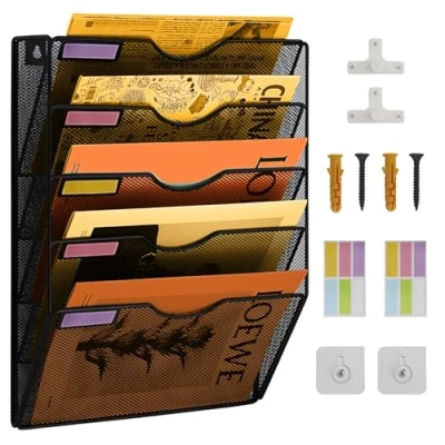 Afbeelding van PLSOPPKG Tijdschriftenhouder om op te hangen, 5 niveaus, metalen net, tijdschriftenhouder, A4 postorganizer, tijdschrift, wandbestandsorganizer, zwart