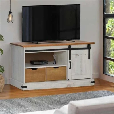 Afbeelding van vidaXL Tv meubel HALDEN met schuifdeur wit 110x40x60 cm massief hout