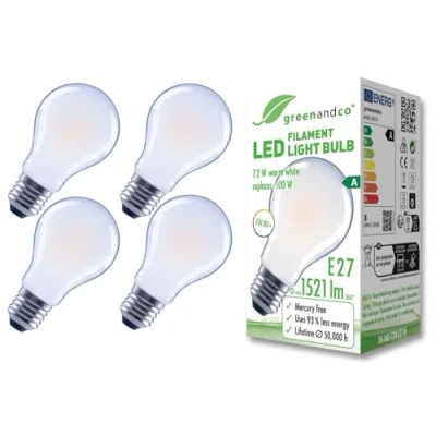 Afbeelding van greenandco 4 x matte led filamentlampen, E27 A60, 7,2 W, 1521 lm, vervangt 100 3000 K, warmwit, 320 graden, 230 V, flikkervrij, energieklasse A, niet dimbaar