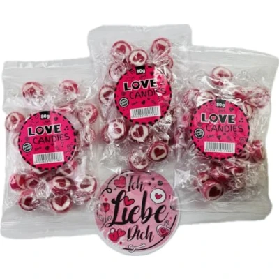 Afbeelding van OYOY Set van 3 handgemaakte hartvormige snoepjes, 80 g, afzonderlijk verpakt met stickers &quot;Ich liebe Dich&quot;, snoep voor Valentijnsdag, cadeaus vrouwen,