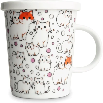 Afbeelding van Theemok met filter, katten, theeglas, 300 ml, grote theekop deksel, porselein, theeglas theefilter, set, zeef en