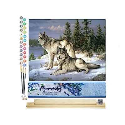 Afbeelding van Figured&#039;Art Schilderen op Nummer Volwassenen canvas Wolfspaar Handwerk acrylverf Kit DIY Compleet 40x50cm met houten lijst