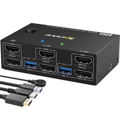 Afbeelding van KVM switch USB 3.0 Displayport HDMI 2 poorten 4K @ 60Hz schakelaar PC monitoren, verlengd scherm, dual screen met 4 voor pc&#039;s om te delen, muis, toetsenbord en