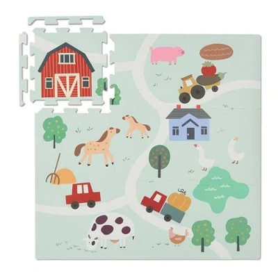 Afbeelding van Relaxdays puzzelmat baby boerderij 9 tegels met rand foam afwasbaar