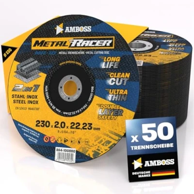 Afbeelding van Set van 50 metalen doorslijpschijven Ø 230 x 2 22,23 mm. De doorslijpschijf Metal Racer by AMBOSS WERKZEUGE is geschikt voor staal en roestvrij staal,