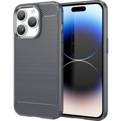 Afbeelding van Cadorabo Hoesje geschikt voor Apple iPhone 14 PRO in BRUSHED GRIJS Beschermhoes van flexibel TPU siliconen roestvrij staal carbonvezel look Case Cover