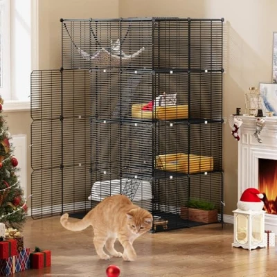 Afbeelding van YITAHOME Grote kattenkooi voor binnen met 4 niveaus, hangmat, deuren, 3 ladders, Catio outdoor kattenhok van dicht metaaldraad 1 katten, afneembare speelbox kleine