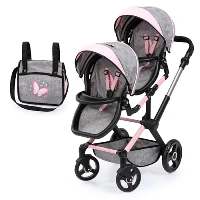 Afbeelding van Bayer Design 26733AA Twin Xeo poppenwagen, dubbele kinderwagen, verstelbaar, geïntegreerde mand, schoudertas, jeans, grijs, roze