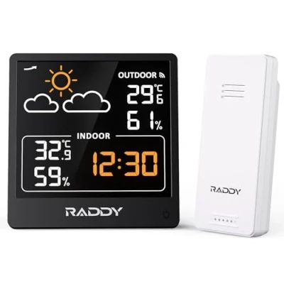Afbeelding van Raddy WF 50V Draadloos weerstation, thermometer hygrometer binnen/buiten, temperatuur en vochtigheidsmonitor, 5 inch VA display, USB C voeding, weersvoorspelling (zwart)