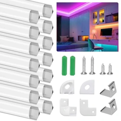 Afbeelding van Aluminium led profiel hoek 45, 14 x 1 m, V vorm met transparant melkachtig wit deksel, metalen montagetips en clips, compact eenvoudig te snijden installeren voor ledstrips (zilver)