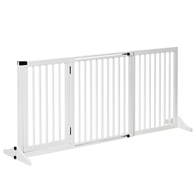 Afbeelding van PawHut Veiligheidshekje voor honden, vrijstaande barrière, verstelbare lengte, geïntegreerde afsluitbare deur, afmetingen: 113 166 l x 36 b 71 h cm, grenen wit