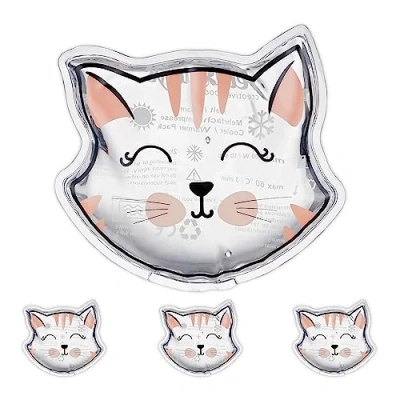 Afbeelding van Relaxdays Koelpads voor kinderen, koelkussen warm/koud kompres, kat, 10 x 11 cm, verkoelende gel, transparant, 4 stuks