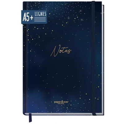 Afbeelding van Paper &amp;you® gelinieerd notitieboek A5+ met elastiek &quot;Starry Night&quot;, 156 pagina&#039;s, 78 vellen, te gebruiken als bullet journal, dagboek, duurzaam en klimaatvriendelijk