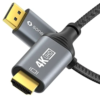 Afbeelding van Sonero® 4K DisplayPort 1.2 naar HDMI 2.0 kabel, aansluiting, 60Hz, 2K 120Hz, katoenen mantel, grijs/zwart, 2,00 meter