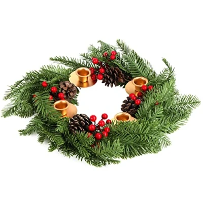 Afbeelding van Belle Vous Kerstkrans met kaarsenhouder, kunstmatige adventskalender, 40 cm diameter, dennenkegels en rode hulstbessen, tafelstuk, kerstfeest/decoratie