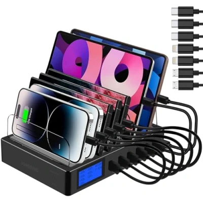 Afbeelding van PD20W QC3.0 Multi Port USB snellaadstation, 7 in 1 laadstation voor meerdere apparaten met lcd display, compatibel iPhone, iPad, Samsung, Huawei en meer (zwart)