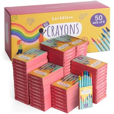 Afbeelding van THE TWIDDLERS 50 doosjes waskrijtjes voor kinderen, 6 krijtjes per doosje, 300 in totaal gemengde kleuren, perfecte minikrijtjesverpakkingen feestzakvullers, schoolklassen, kunst &amp; ambacht