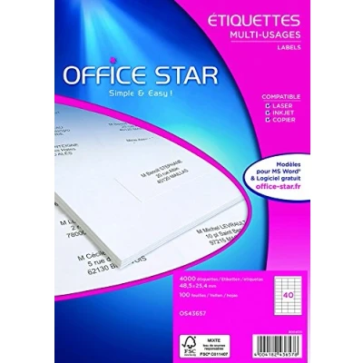 Afbeelding van OFFICE STAR Box met 4000 zelfklevende multifunctionele etiketten, personaliseerbaar en bedrukbaar, formaat 48,5 x 25,4 mm, laser /inkjetdruk, (OS43657)