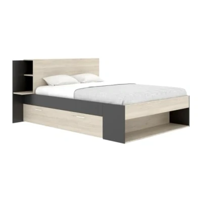 Afbeelding van Vente unique Bed met opbergruimte 140 x 190 cm Kleur: houtlook en zwart KEROSIA L 220.5 H 92 D 183.8