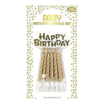 Afbeelding van Eurowrap 26577 GC een set van 12 verjaardagskaarsen + kaarsenhouders houder &quot;Happy Birthday&quot; kleur: goud kaarsen voor verjaardag, Happy Birthday
