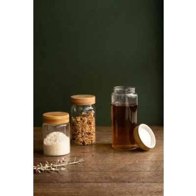 Afbeelding van Pebbly Round Glass Canister With Screw Bamboo Lid 450 Ml