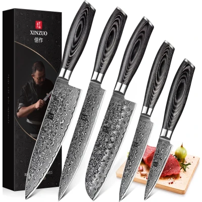 Afbeelding van Luxe en Professionele 5 delige Keukenmessen set van Damascus Staal (67 lagen, VG10) Xinzuo B20 Series
