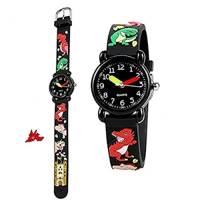 Afbeelding van Horloge voor peuter/kinderen/kids,3D Leuk Cartoon Siliconen Bandje, Horloges, Tijd, Leraar Geschenken, Horloges Kinderen, Meisjes, Peuters, Zwarte dinosaurus