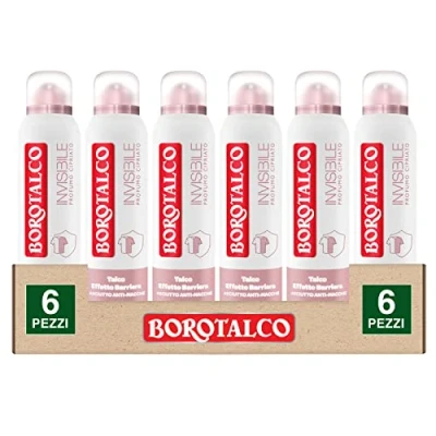 Afbeelding van Borotalco Deo 48h onzichtbare deodorantspray met talkpoeder, droge barrière effect, anti vlekken, zonder alcohol, poedergeur, 6 flessen van 150 ml