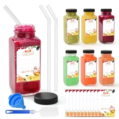 Afbeelding van Set van 6 glazen smoothie flessen 250 ml om te vullen, kleine met rietjes voor sap, smoothie, melk, school, outdoor