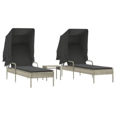 Afbeelding van vidaXL Ligbedden 2 st met luifels en tafel poly rattan lichtgrijs