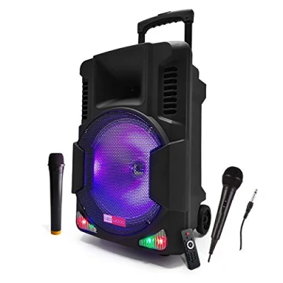 Afbeelding van LedWood Boostar1400 Mobiele luidspreker, 700 W, Sono Active KARAOKE DJ, 12 inch, vrijstaand, RGB ledaccu + 2 VHF microfoons USB/Bluetooth kabel