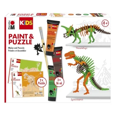 Afbeelding van Marabu 0305000000110 KiDS Little Artist Set dinos, puzzeldoos met 2 dierfiguren, 3 x 36 ml verf, veganistisch, voor kinderen vanaf 4 jaar, 0305000000110, meerkleurig