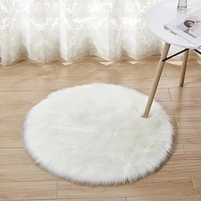 Afbeelding van Tapijt van kunstbont, imitatie fleece, pluizig, antislip, yogamat voor woonkamer, slaapkamer, bank, vloermat (rond, wit, 60 x cm)