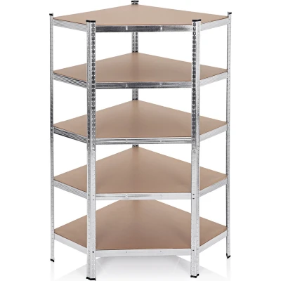 Afbeelding van EASYmaxx zware hoekplank met 5 dragende houten planken 40 x 90 180 cm zilver/houten kleur
