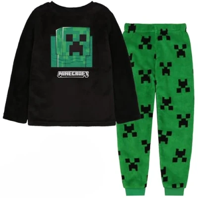 Afbeelding van Minecraft Creeper fleece pyjama voor jongens, warm, lange mouwen, zwart en groen